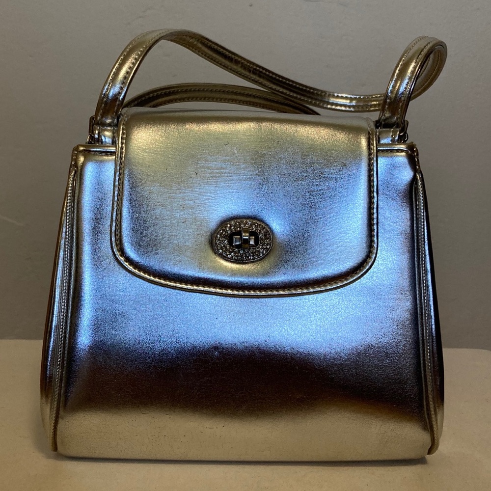 Vintage 60s retro mod silver patent handbag purse